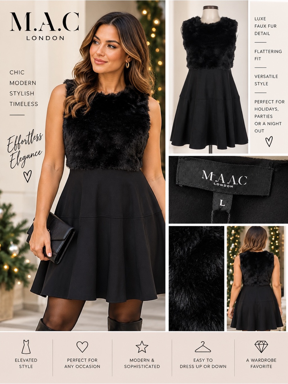 M.A.C London Black Faux Fur Fit & Flare Cocktail Dress Size L